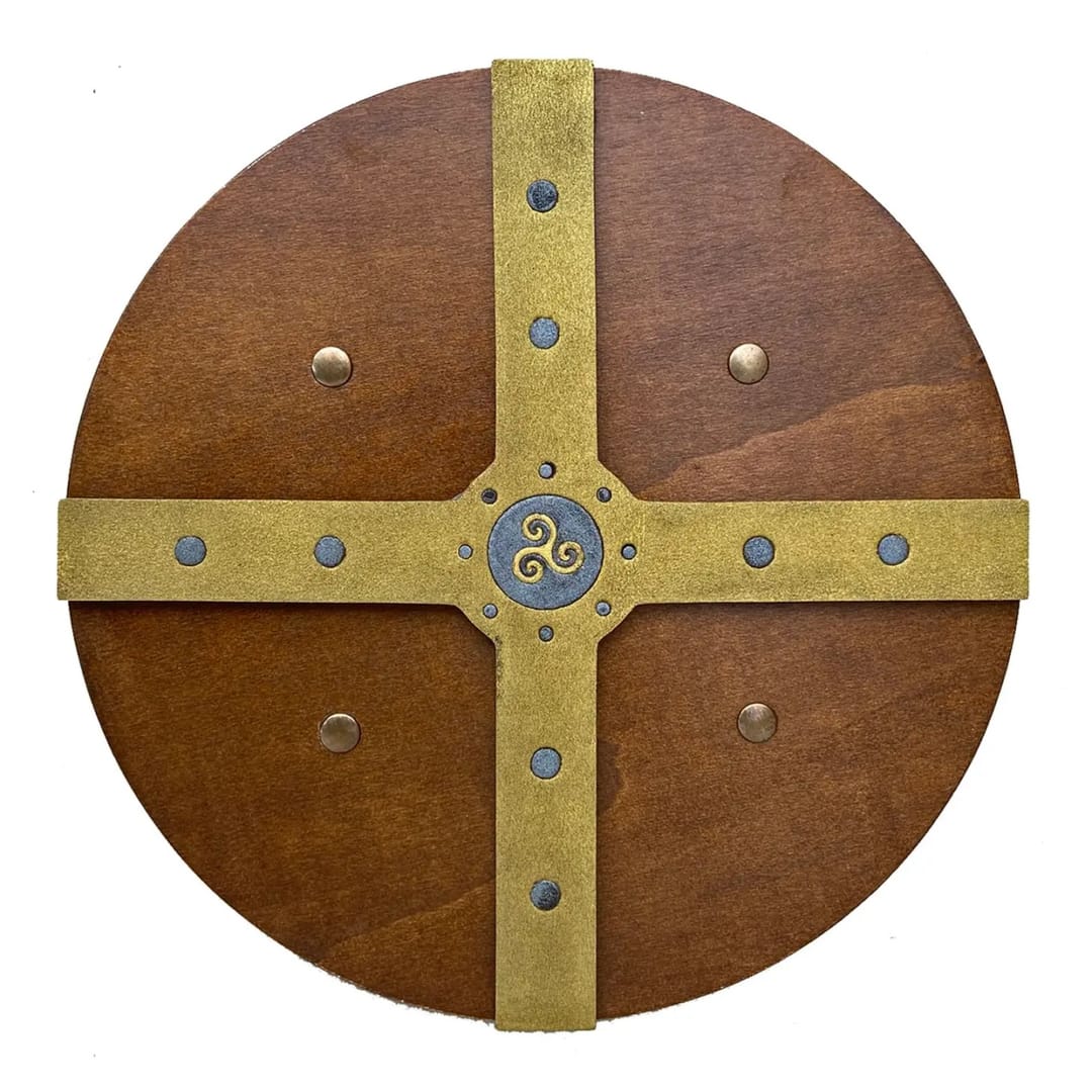 Scut Viking Circular "Historik Triskel" – Lemn cu Detalii Metalice și Emblemă Triskelion - Imaginea 1