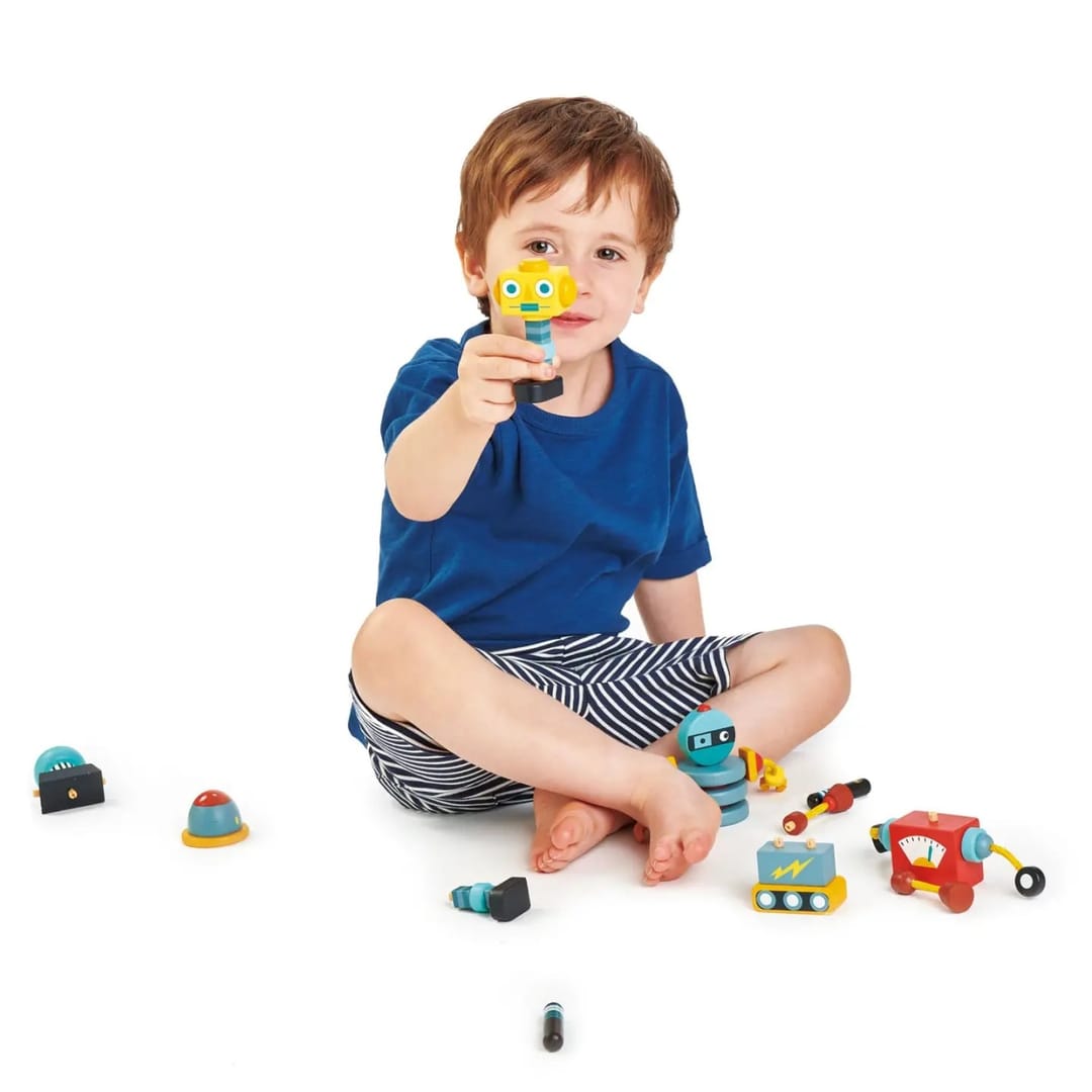 Set de Construcție din Lemn Tender Leaf Toys® – Roboței Retro Modulari - Imaginea 4