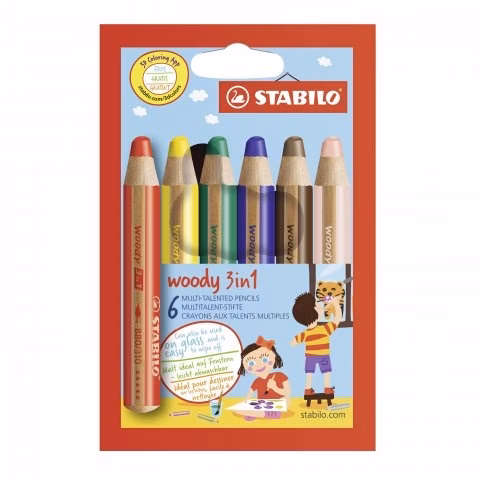  Creioane colorate 3 in 1 Stabilo, 6 bucati Woody