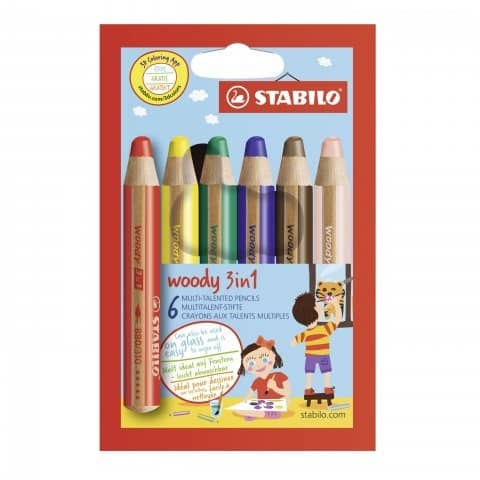  Creioane colorate 3 in 1 Stabilo, 6 bucati Woody
