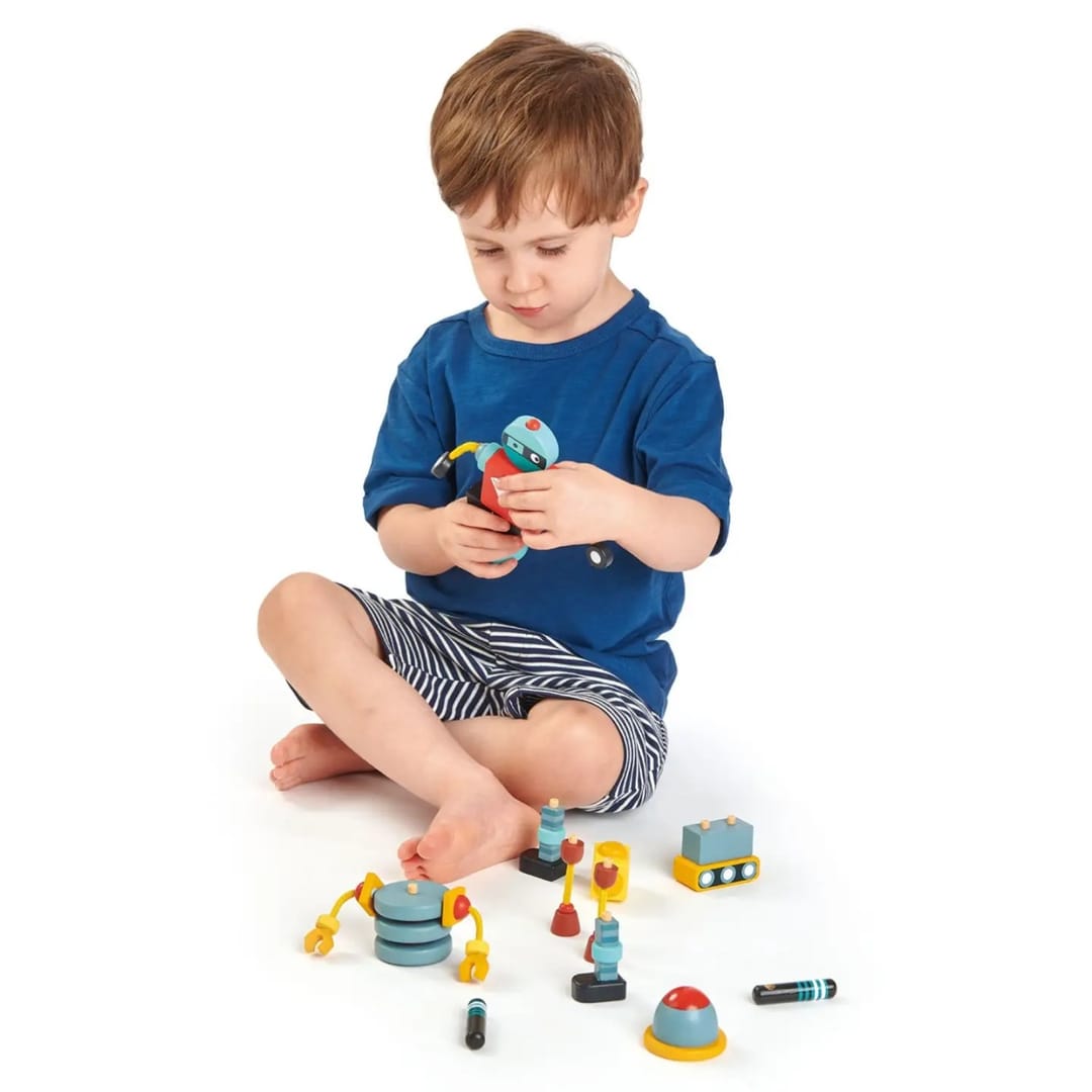 Set de Construcție din Lemn Tender Leaf Toys® – Roboței Retro Modulari - Imaginea 2