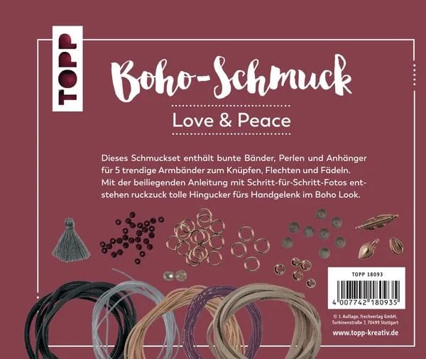 Set Creativ DIY Bijuterii Boho - Love & Peace (TOPP, frechverlag), confecționare 5 brățări (Roșu Închis / Gri) - Imaginea 4