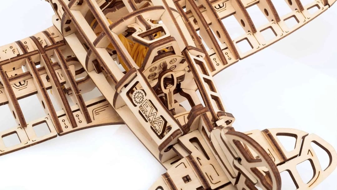 EWA Eco-Wood-Art Avion Biplan – Puzzle 3D Mecanic din Lemn din 346 piese - Imaginea 2