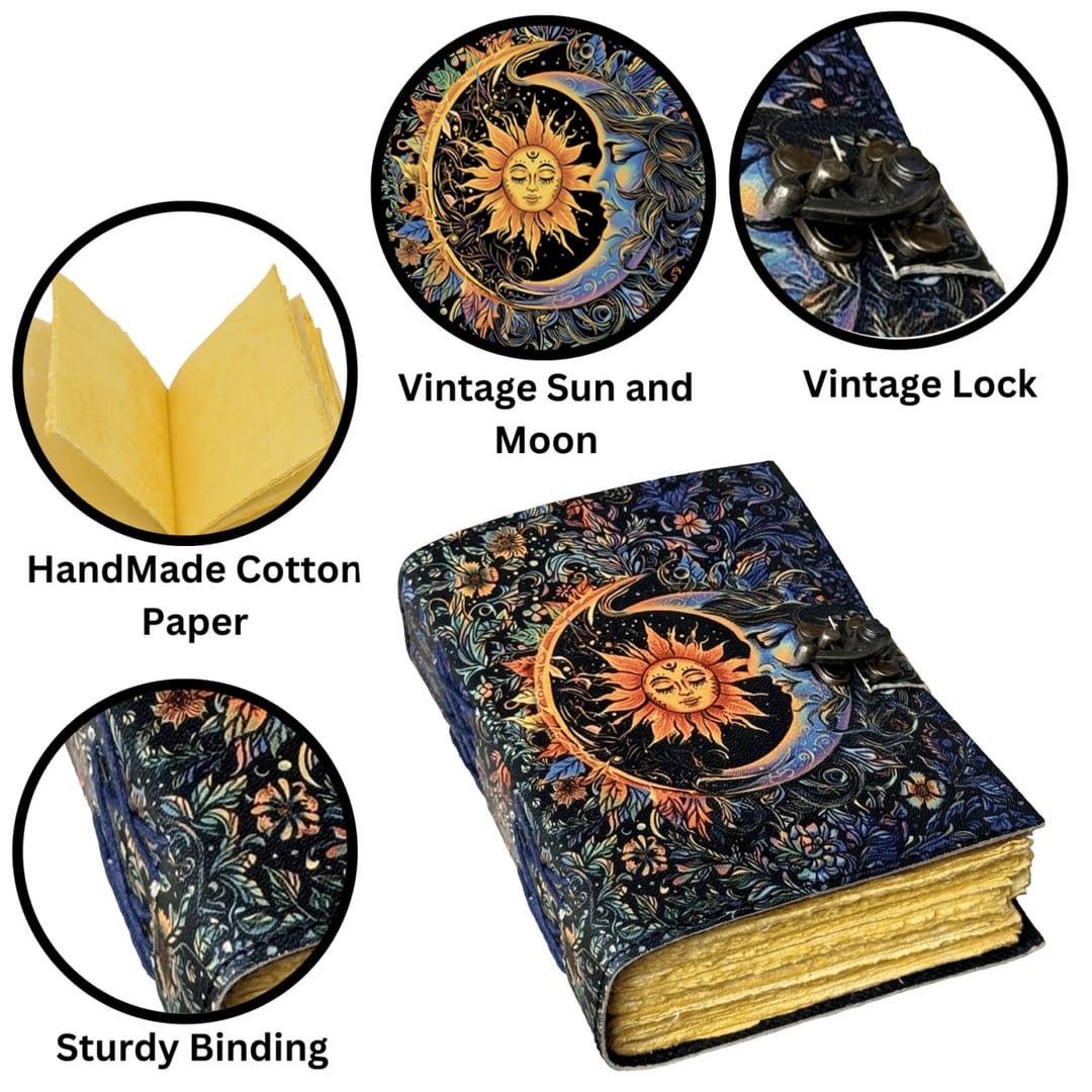 Jurnal Vintage din Piele Grimoire – Model Soarele și Luna - Imaginea 5