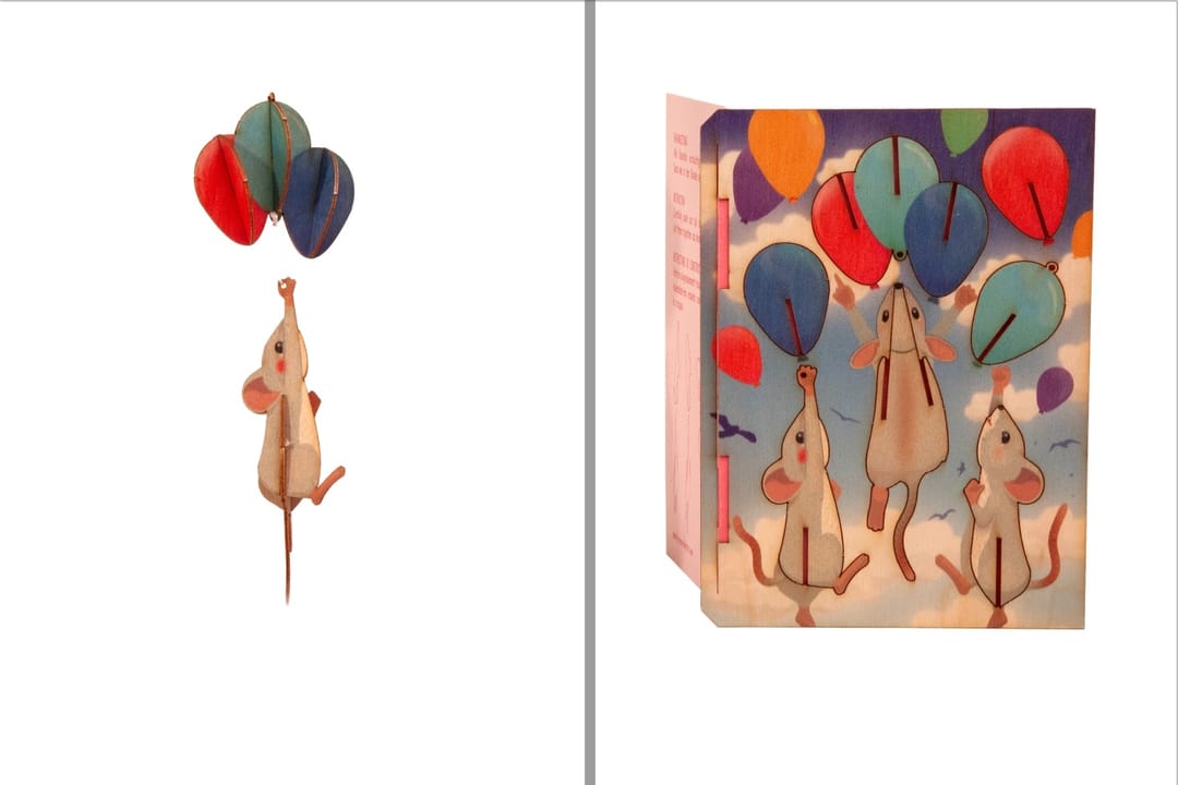 Felicitare 3D Decorativă din Lemn - Șoricelul cu Baloane (Mouse) - Imaginea 2
