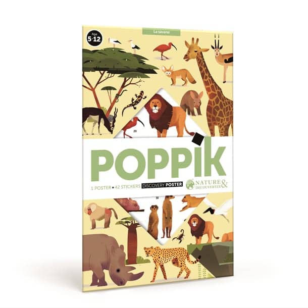 Poster cu Stickere Repozitionabile – Animalele din Savana, Poppik (100 x 68 cm)