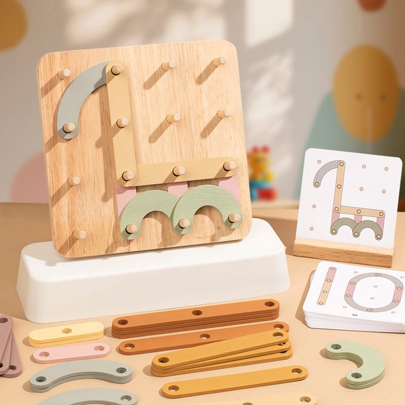 Joc Creativ Montessori, Placă cu Pini și Forme Geometrice din Lemn - Imaginea 2