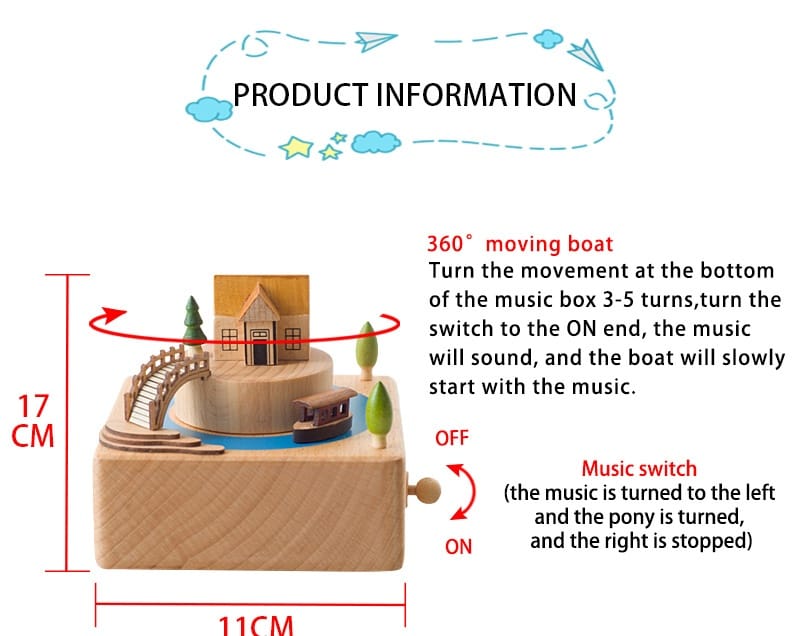 Cutiuță Muzicală din Lemn – Scenă Rurală cu Pod și Căsuță - Imaginea 4