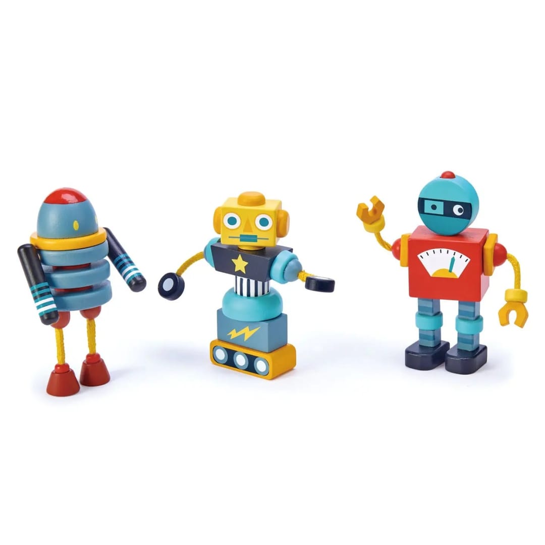 Set de Construcție din Lemn Tender Leaf Toys® – Roboței Retro Modulari - Imaginea 1