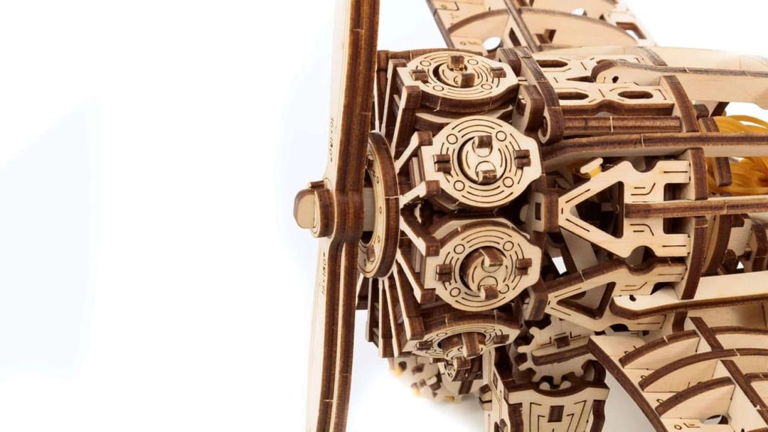EWA Eco-Wood-Art Avion Biplan – Puzzle 3D Mecanic din Lemn din 346 piese - Imaginea 3