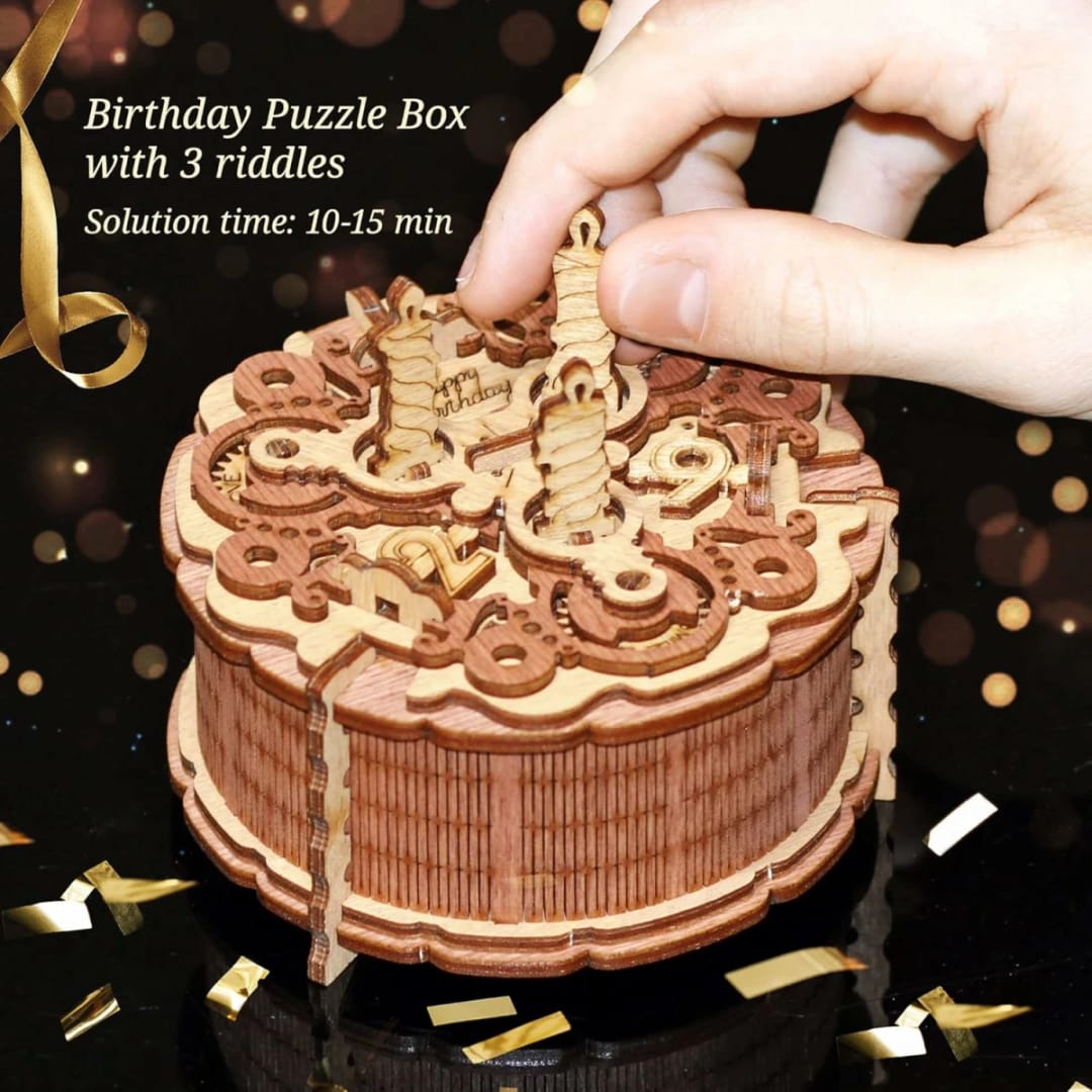 iDventure, Cutie Puzzle din Lemn "Birthday Cake", 3 Puzzle-uri Logice pentru Deschidere - Imaginea 2
