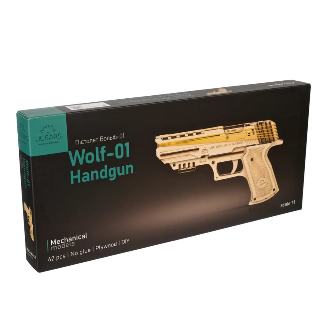 Pistol mecanic Wolf-01, Ugears, 62 piese din lemn - Imaginea 7