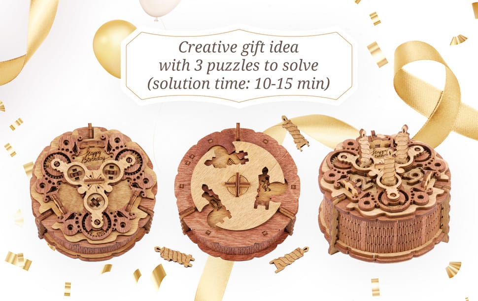 iDventure, Cutie Puzzle din Lemn "Birthday Cake", 3 Puzzle-uri Logice pentru Deschidere - Imaginea 5