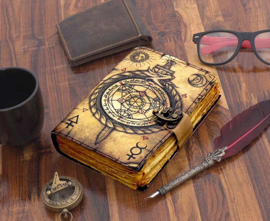 Jurnal Vintage din Piele Grimoire – Model Busolă Antică (Compass) - Imagine principala