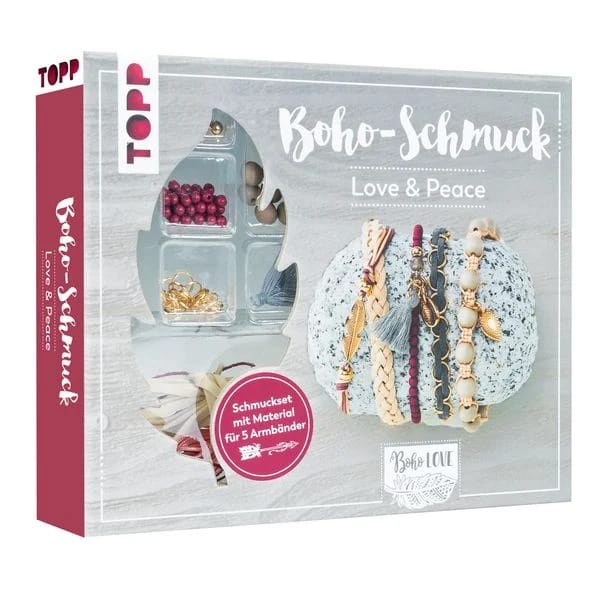 Set Creativ DIY Bijuterii Boho - Love & Peace (TOPP, frechverlag), confecționare 5 brățări (Roșu Închis / Gri)