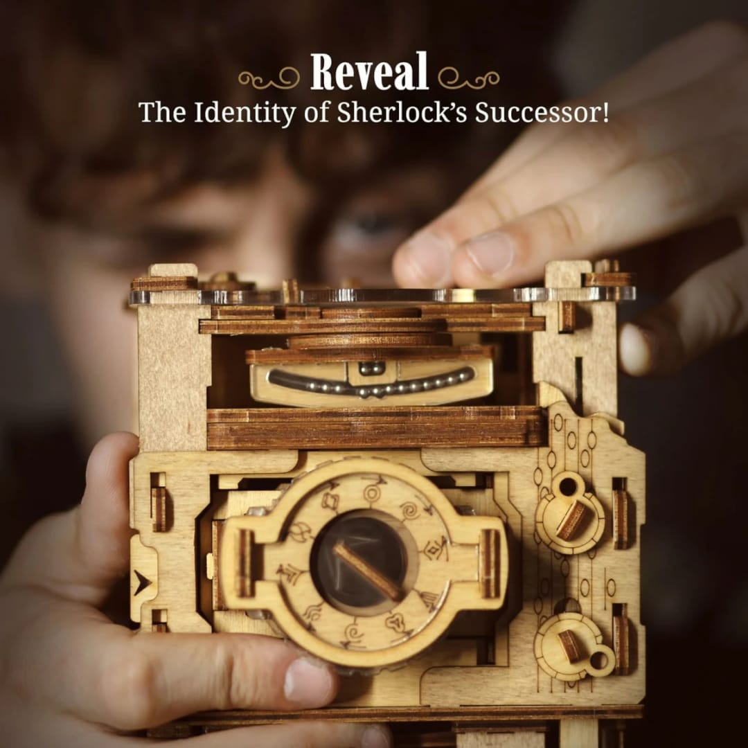 iDventure Cluebox Sherlock's Camera - Puzzle Mecanic din Lemn 3D, Joc de Logică Tip Escape Room - Imaginea 7